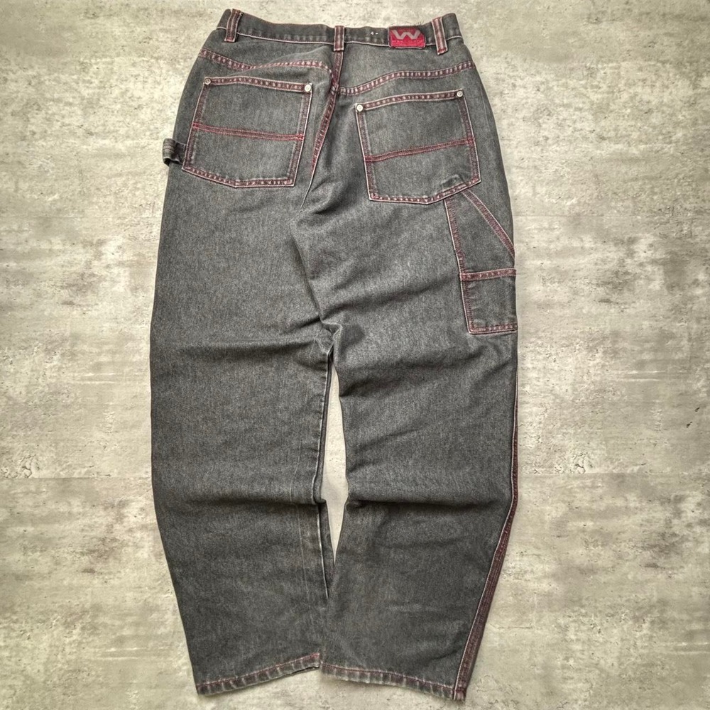 Webs Skater Jeans Mens 30x30 Black Baggy Y2K Red Stitching Carpenter